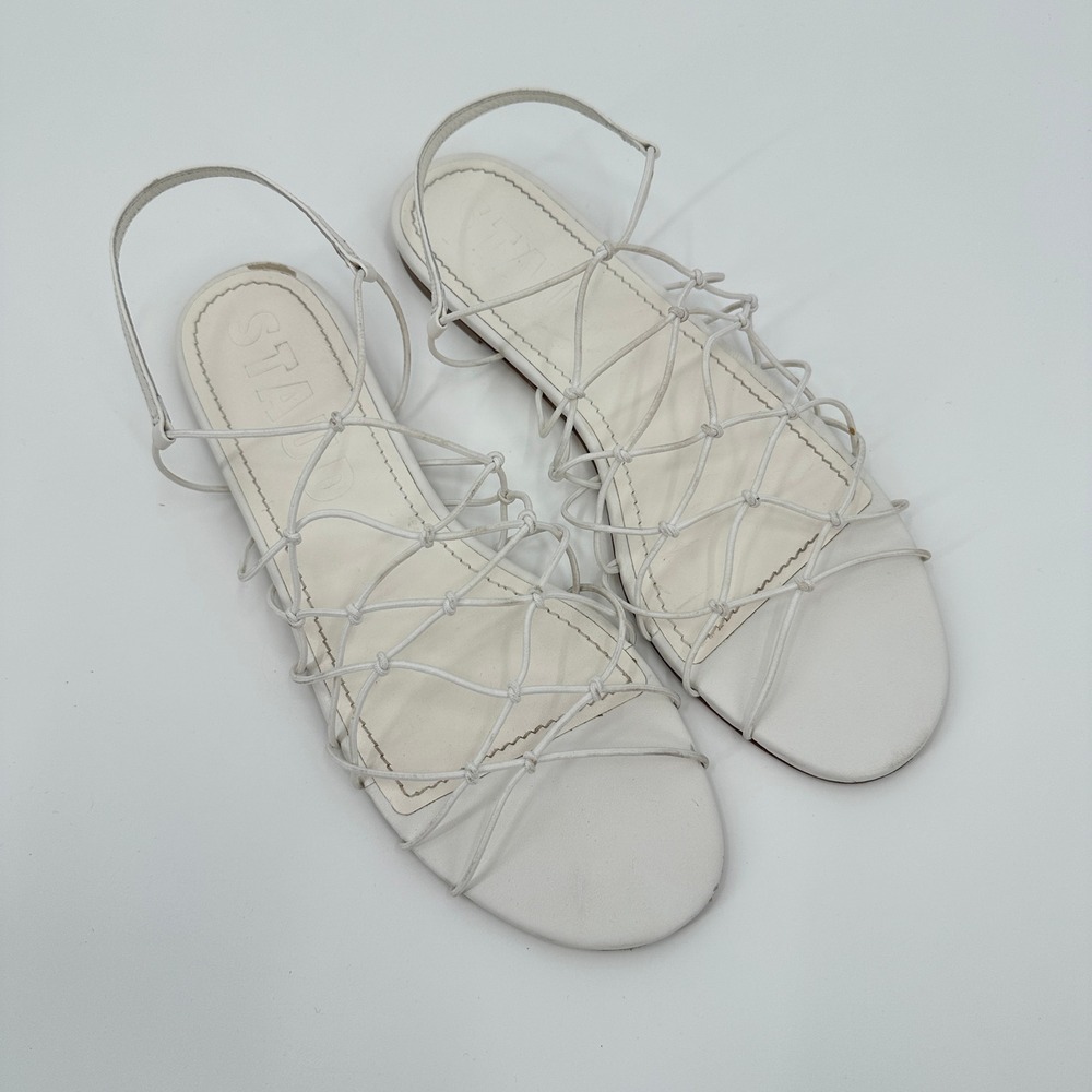 STAUD Gio Knot Sandals White Leather Strappy Cage Flat Sandals Women's 41 / US - Picture 3 of 8